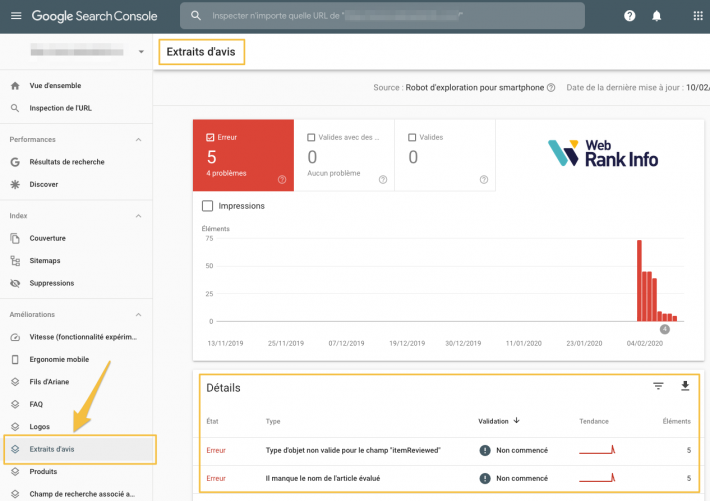 Extraits d'avis dans la Search Console de Google