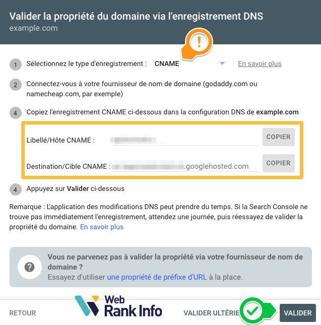 validation CNAME pour search console