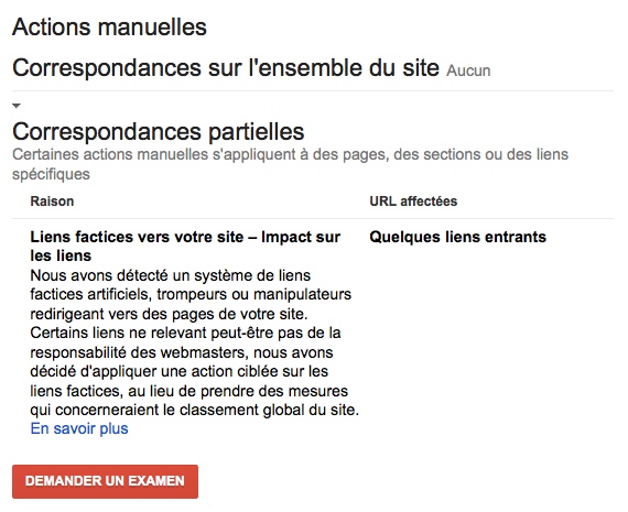 Exemple d'action manuelle Google (pénalité)