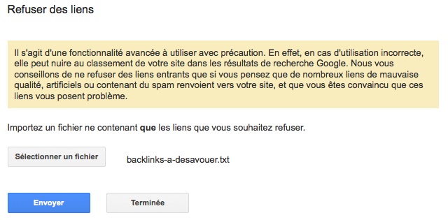 Upload du fichier pour refuser des backlinks