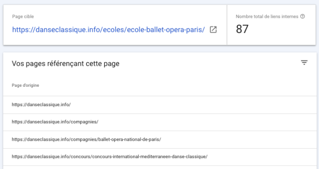 liste des liens entrants internes selon Search Console