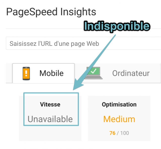 PageSpeed Insights vitesse indisponible