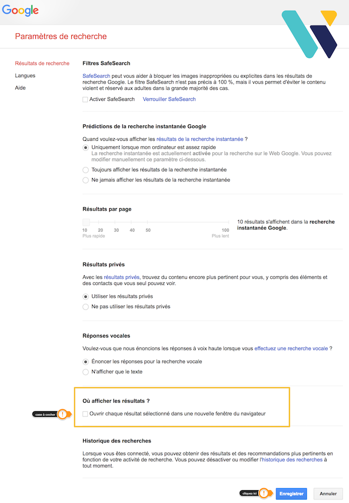 Option Google résultats nouvel onglet