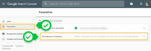 Accès au changement d'adresse  dans les paramètres de search console