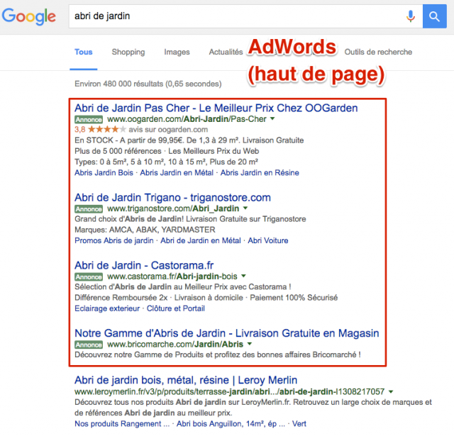 AdWords en haut des SERP