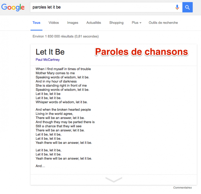 Paroles de chansons dans Google