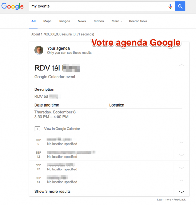 Agenda dans SERP Google