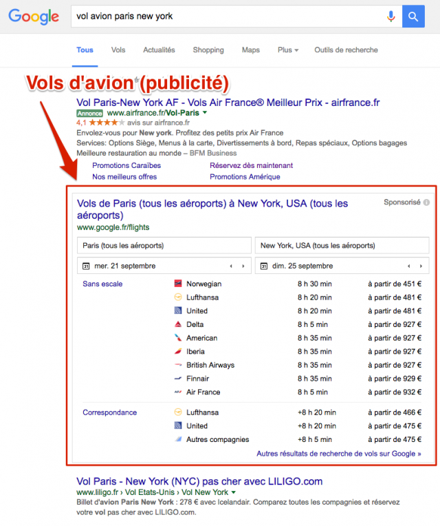 Vols d'avion dans Google