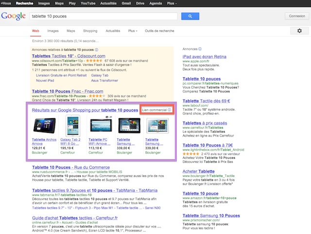 Google Shopping lien commercial intégré