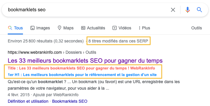 Bookmarklet analyse titres modifiés dans SERP