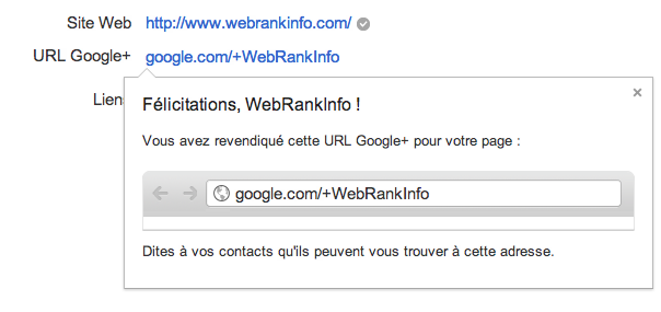 URL Google+ revendiquée