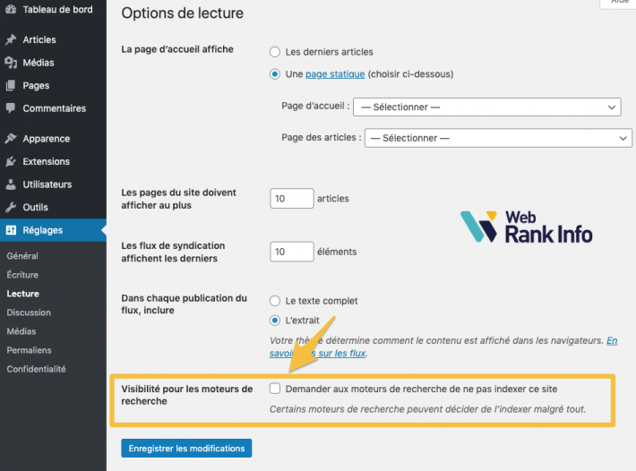 Option WordPress ne pas indexer ce site