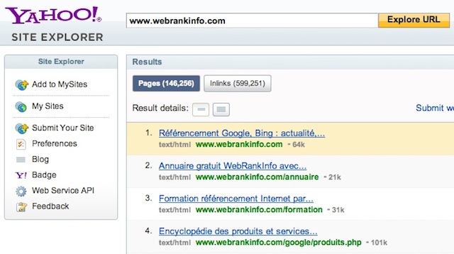 Yahoo Site Explorer : exemple avec la page www.webrankinfo.com