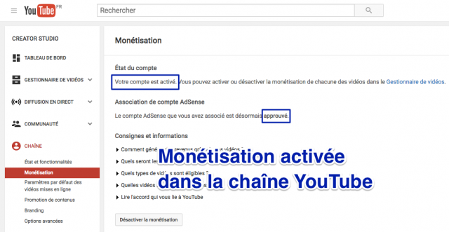 Paramètres de monétisation YouTube