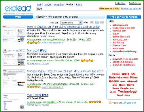 Recherche de vidéos à propos d'ipod, sur Exalead