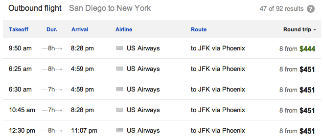 tableau comparatif vols dans Google Flight Search