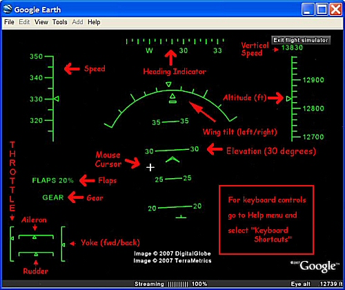 Aide aux commandes du simulateur de vol dans Google Earth