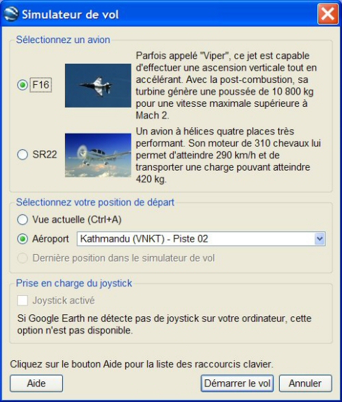 Options du simulateur de vol de Google Earth