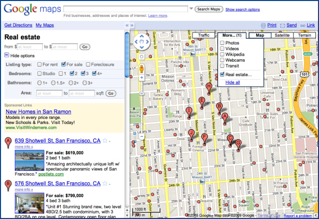 Formulaire de recherche de biens immobiliers dans Google Maps