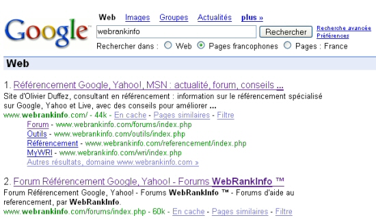 Exemple de SiteLinks sur Google