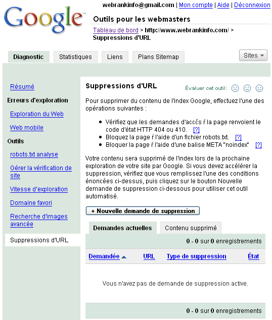 Outil officiel de suppression de pages de l'index Google
