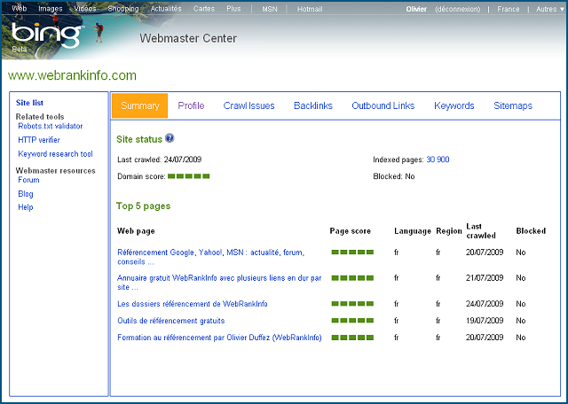 Interface de Bing Webmaster Center