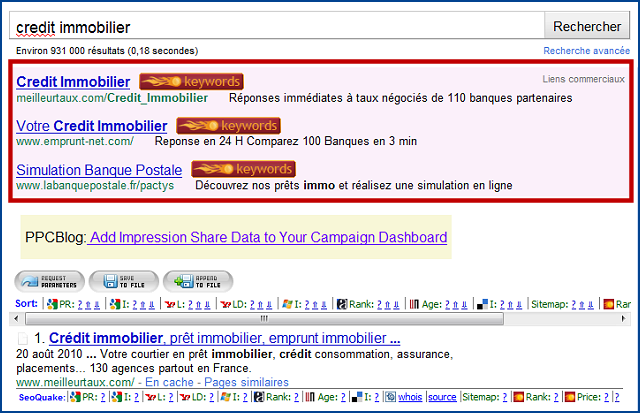 Analyse des liens commerciaux AdWords avec SEO Quake