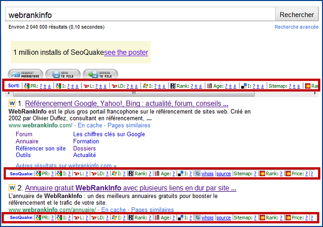 Affichage des informations SEOQuake dans Google