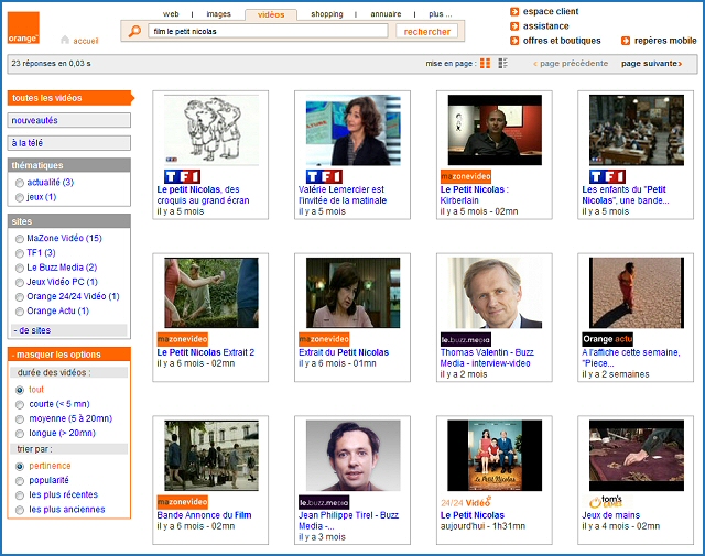 Recherche de vidéo, options avancées sur orange.fr