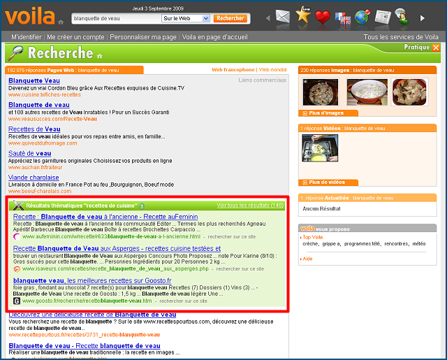 Bloc de résultats thématiques sur voila.fr