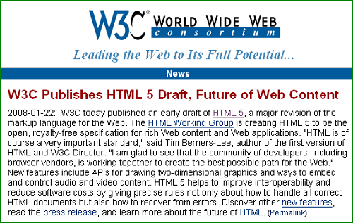Sortie de HTML 5 : le premier document encore au stade de brouillon