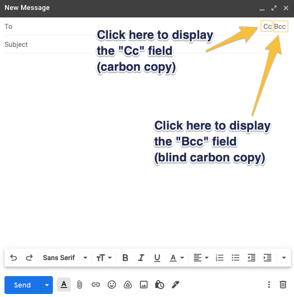 gmail cc or bcc on computer