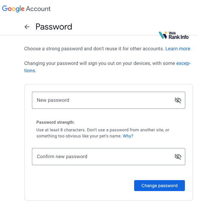 Form to change Google / Gmail password
