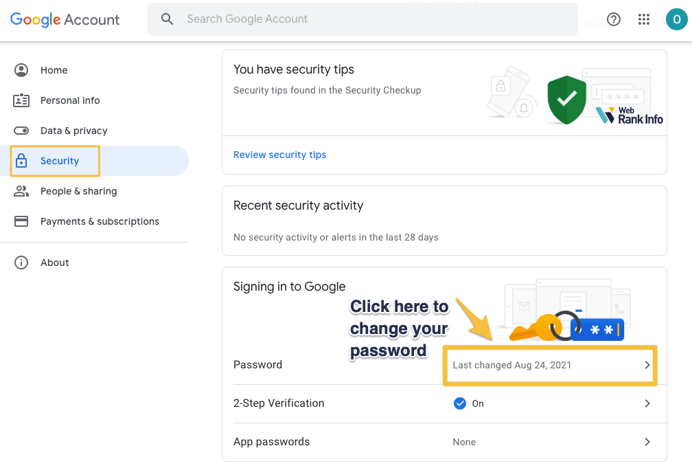 Link to change a Google Account password