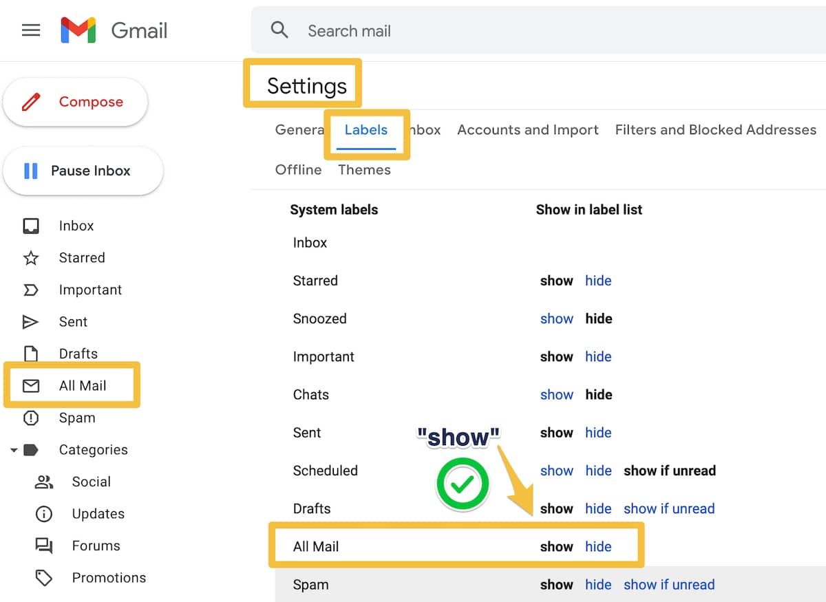 gmail settings all mail link